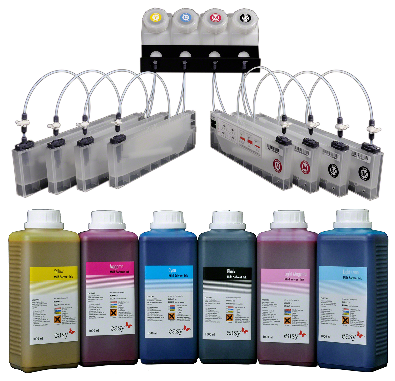 Blockoffer easyTank Ink Supply System with 4 tanks and 8 cartridges for Mimaki JV3, inkl. 1 liter solvent ink per color