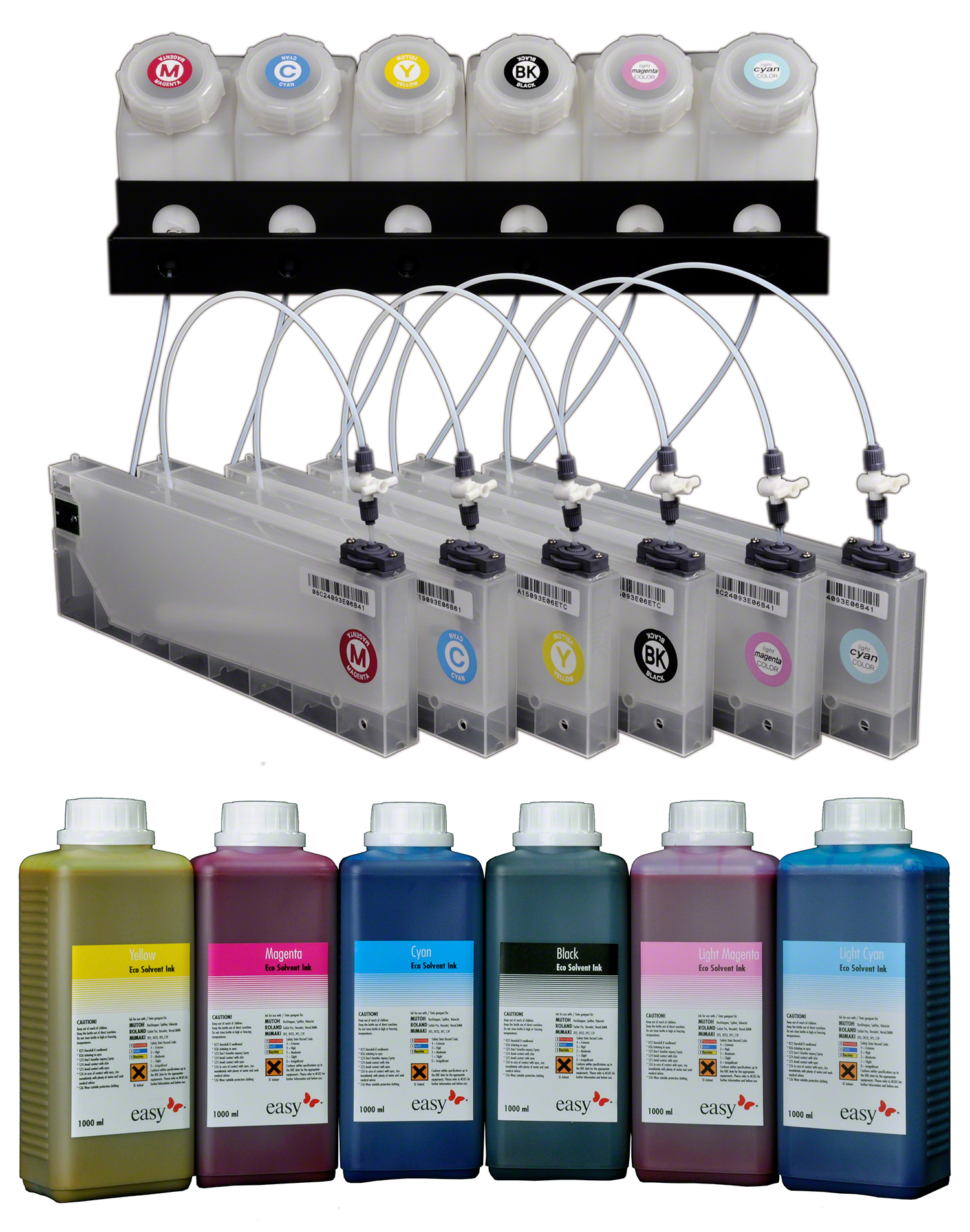 Blockoffer easyTank Ink Supply System with 6 tanks and 6 cartridges for Mimaki JV3, inkl. 1 liter solvent ink per color